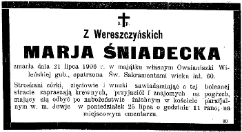 Nekrolog Maria Śniadecka sprzedaż genealogia oszmiańska