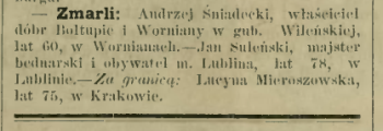 informacja o zgonie Andrzeja Śniadeckiego