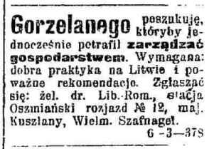 Ogłoszenie o poszukiwaniu zarządcy do Kuszlan;źródło: 'Kurier wileński'