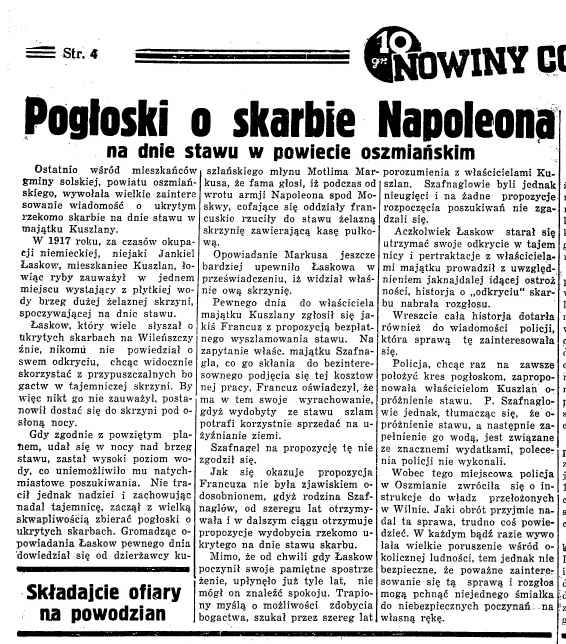 Artykuł o skarbie Napoleona w Kuszlanach; źródło: 'Nowiny codzienne'